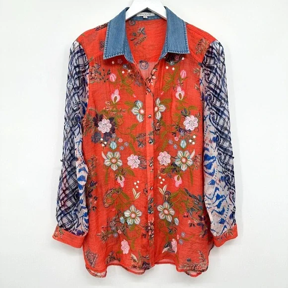 Vincente Tunic Top Shirt Blouse Size Small Embroidered Sheer Button Up Boho - Picture 1 of 16